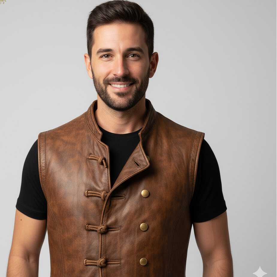 Full body shot of a man wearing a brown distressed leather vest with brass buttons over a black t-shirt and dark jeans.