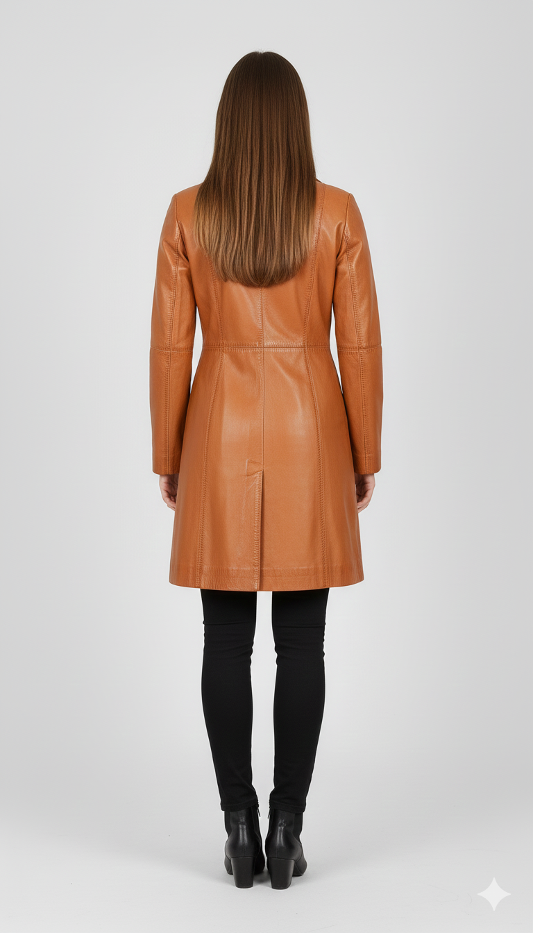 Close-up of the smooth tan leather finish and clean button-up closure on a women's professional coat.