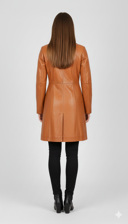 Close-up of the smooth tan leather finish and clean button-up closure on a women's professional coat.