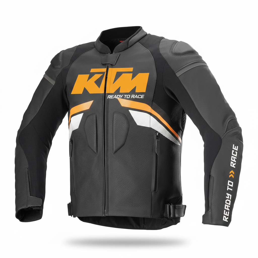 Kawasaki Ninja Red Bull black and white leather motorcycle racing jacket with team logos and integrated armor.