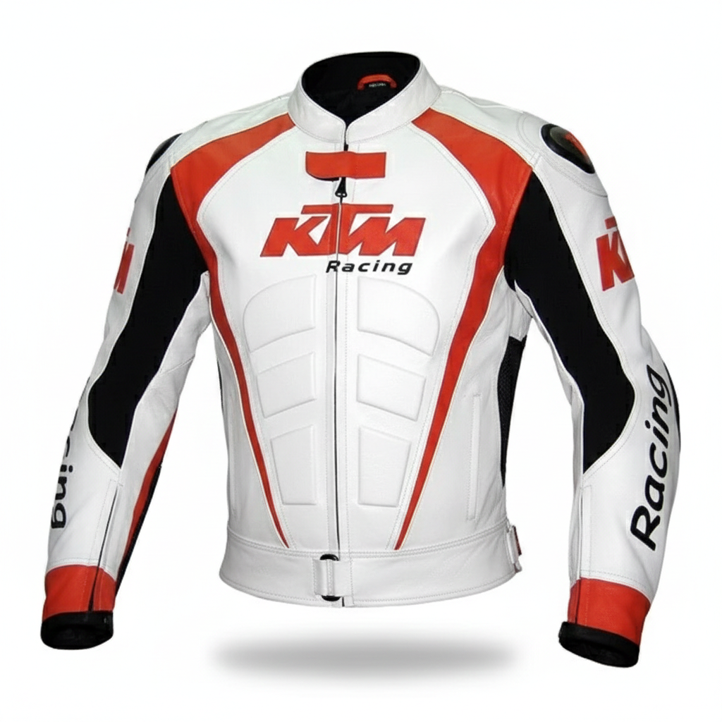 KTM Racing white, black, and red leather motorcycle racing jacket with integrated armor and team branding.