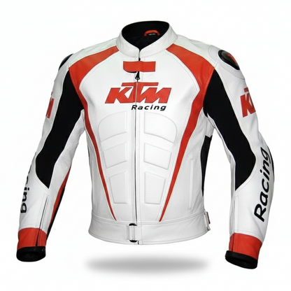 KTM Racing white, black, and red leather motorcycle racing jacket with integrated armor and team branding.