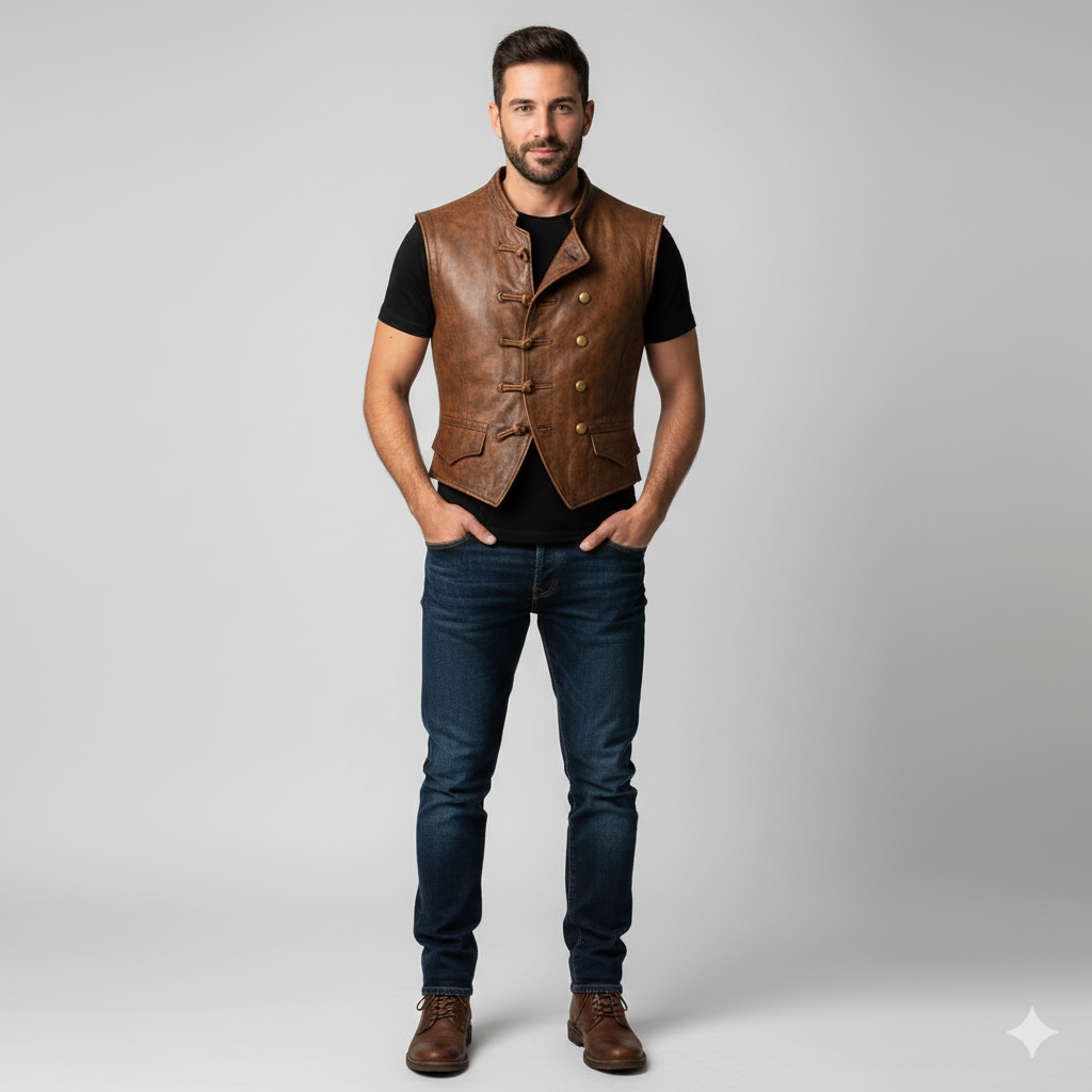 Men's Brown Leather Military-Style Vest with a stand collar and double vertical button closure.