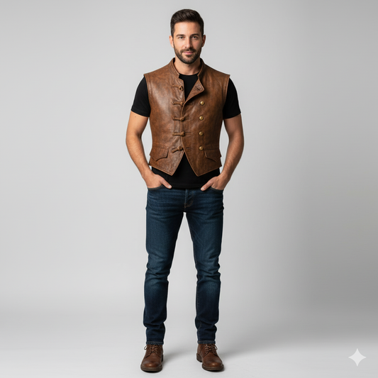 Men's Brown Leather Military-Style Vest with a stand collar and double vertical button closure.