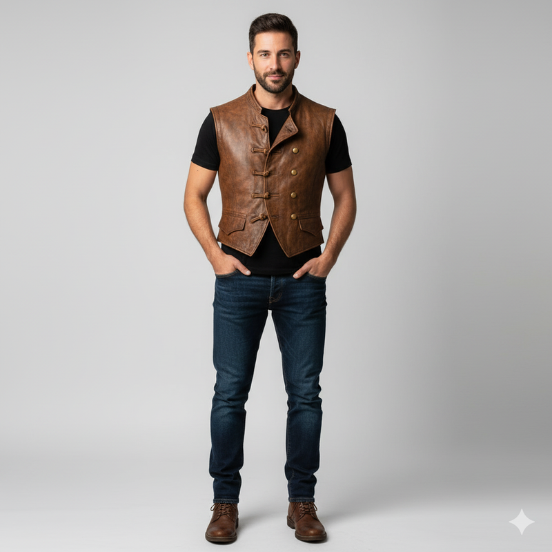 Men's Brown Leather Military-Style Vest with a stand collar and double vertical button closure.