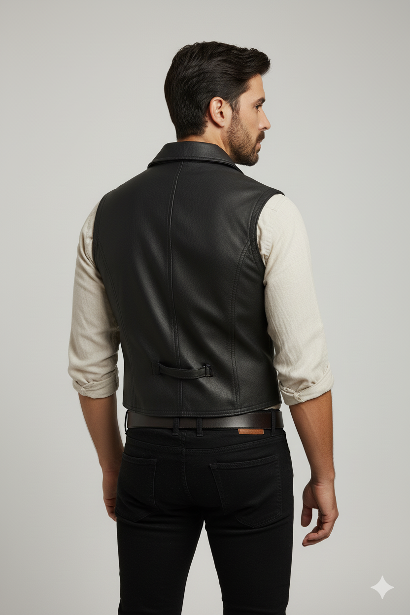 Heavy-duty black leather riding vest, ready for patches, featuring adjustable lacing for comfortable wear over a jacket.