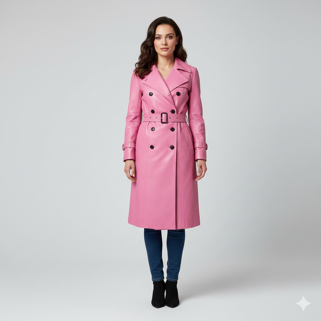 Women's vibrant bubblegum pink leather trench coat with contrast black buttons and a belted waist.