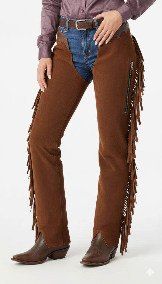 Women's cedar brown suede western chaps with a scalloped leather yoke, side zipper, and full-length fringe.