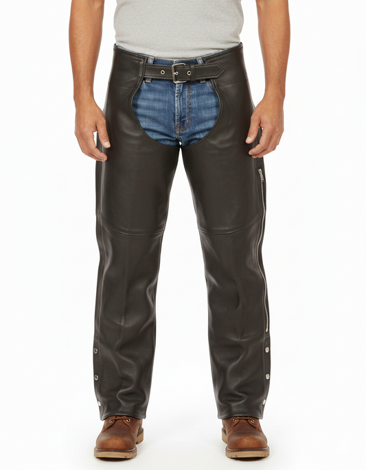 Men's onyx black smooth leather tactical riding chaps with a side utility zipper and adjustable ankle snaps.