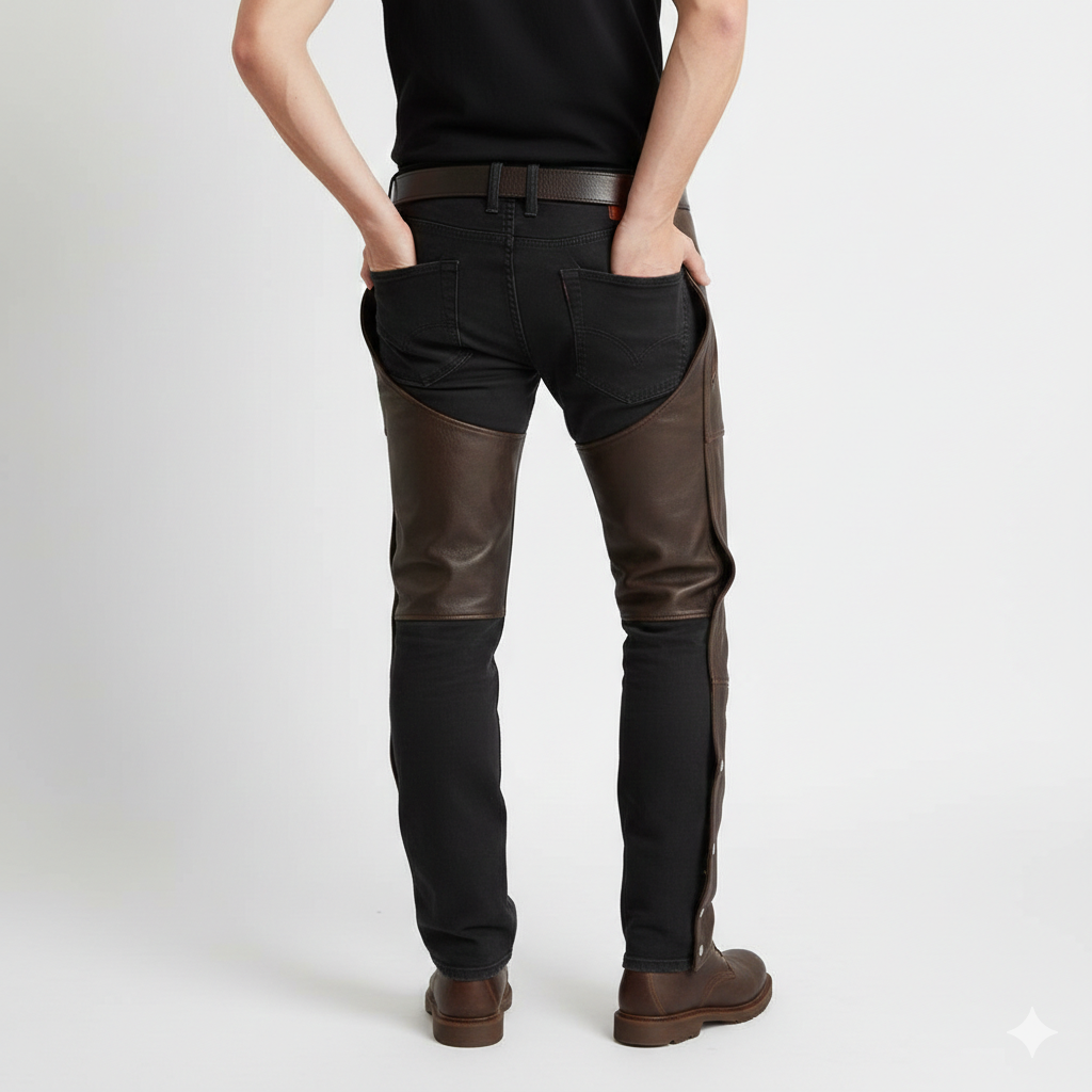 Close-up of the adjustable silver ankle snaps and smooth grain leather texture on professional-grade brown biker chaps.