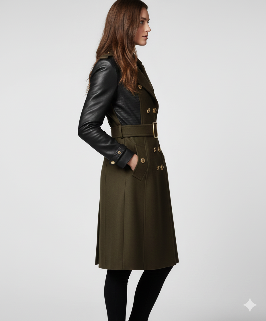 Model wearing a sophisticated olive and black military-style trench coat over a black sweater and leggings.