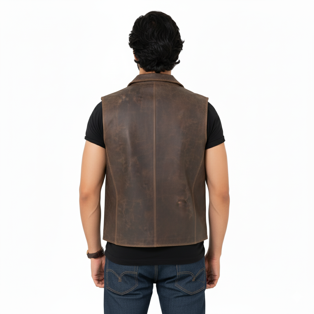 Vintage-style brown leather vest with a button-up closure and safari-style cargo pockets.