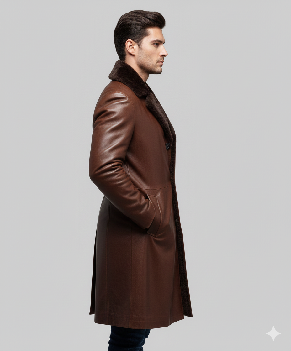 Male model wearing a luxury mahogany leather trench coat