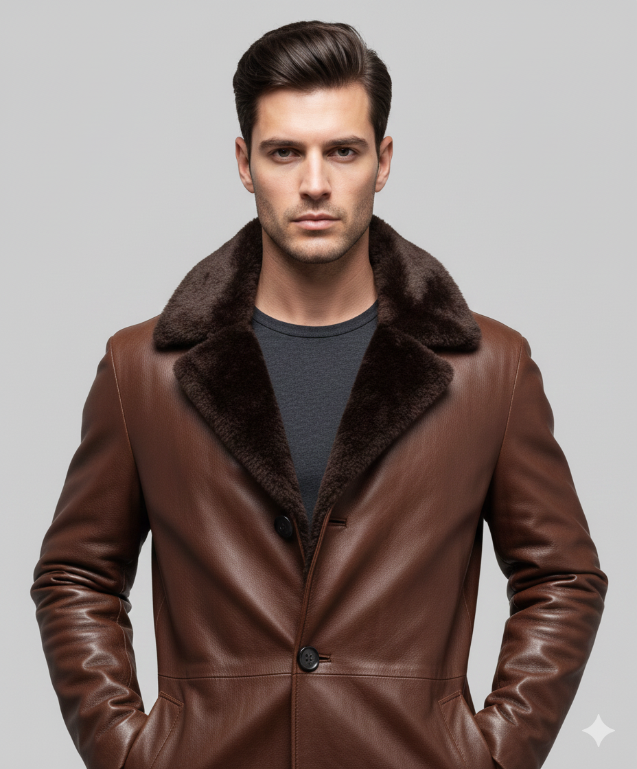 Midi-length dark brown leather winter coat for men featuring a plush tonal fur trim and smooth finish.