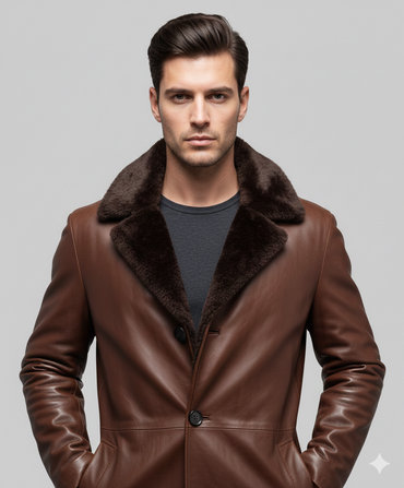 Midi-length dark brown leather winter coat for men featuring a plush tonal fur trim and smooth finish.