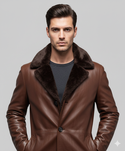 Midi-length dark brown leather winter coat for men featuring a plush tonal fur trim and smooth finish.