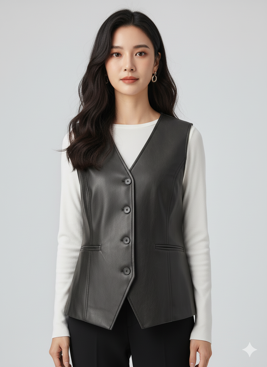 Women's tailored charcoal gray leather waistcoat with a V-neck and button-front closure.
