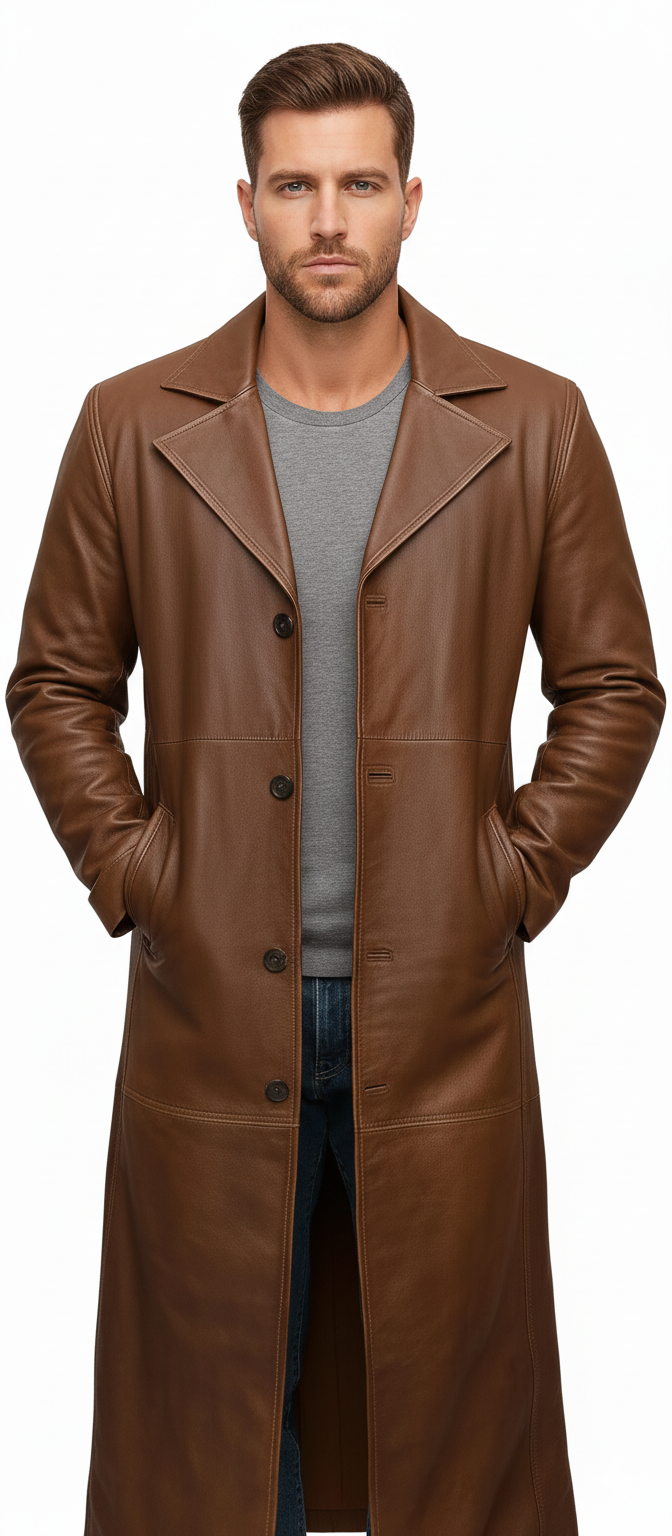 Men's cognac brown leather trench coat with a single-breasted button front and ankle-length hem.