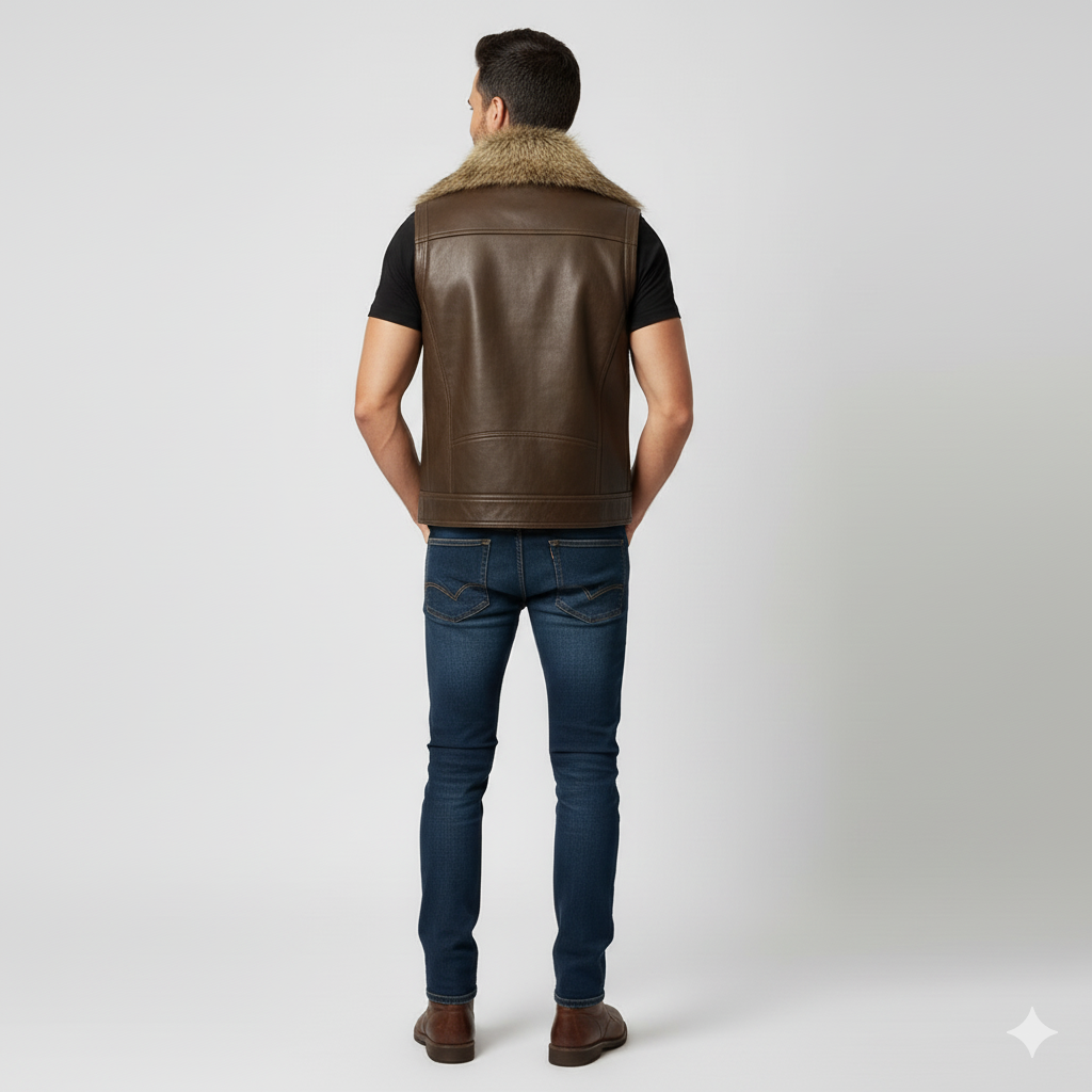 Rugged brown leather vest with a warm, fluffy collar in a classic biker jacket cut-off style.
