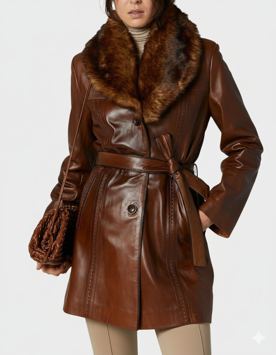 Detail of multi-tonal brown fur on the collar of a high-quality cognac leather winter coat.