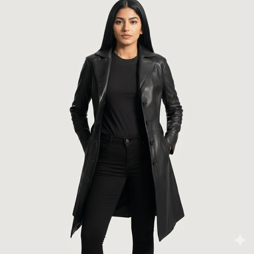 Women's black tailored leather midi coat with a single-breasted button front and notched lapels.
