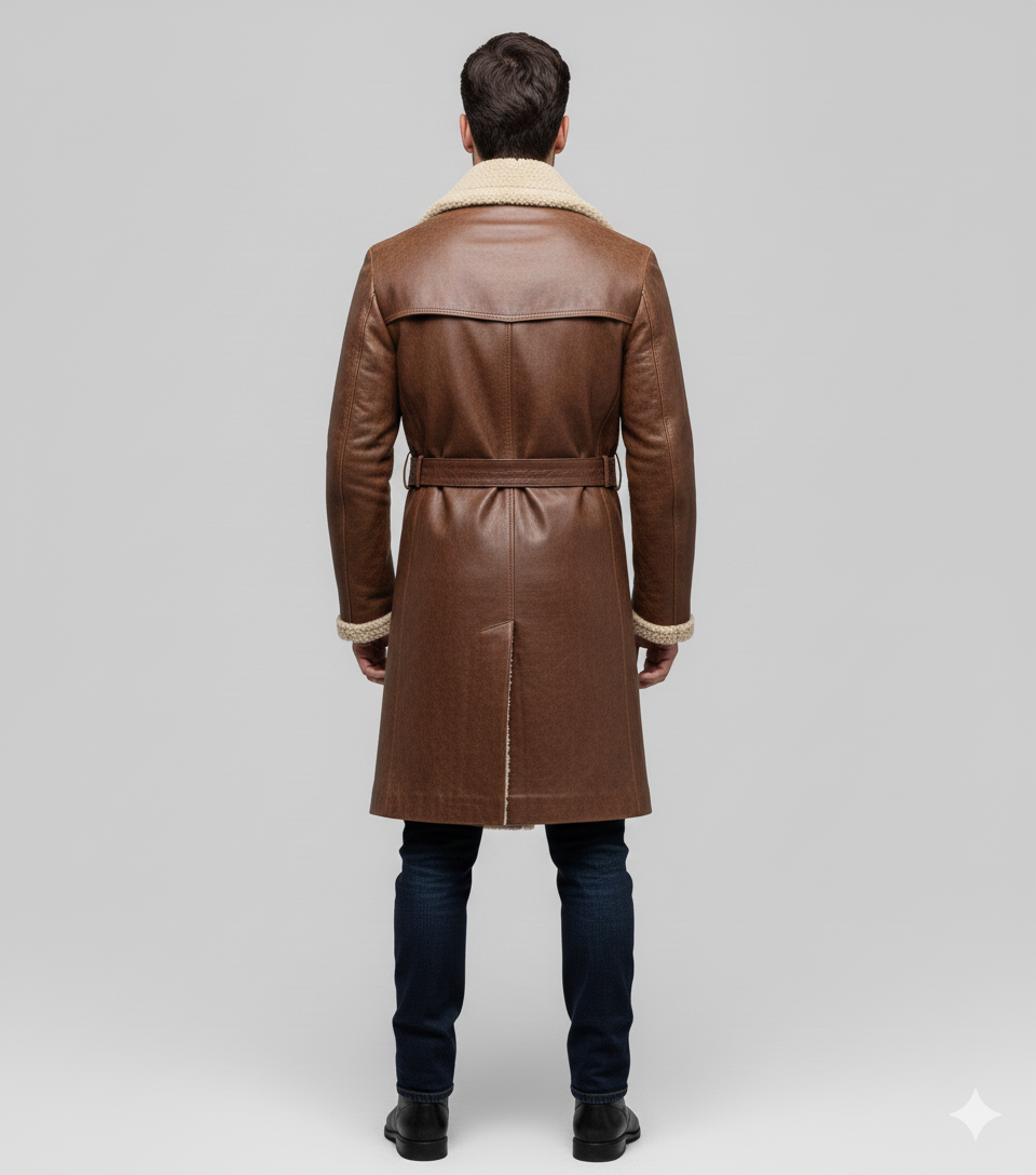 Close-up of the dark buttons and rich leather texture on a premium men's shearling-trimmed trench coat.