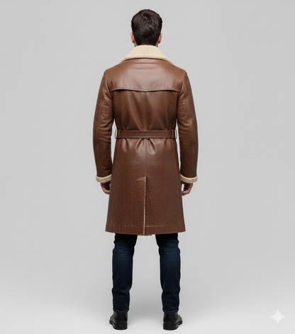 Close-up of the dark buttons and rich leather texture on a premium men's shearling-trimmed trench coat.