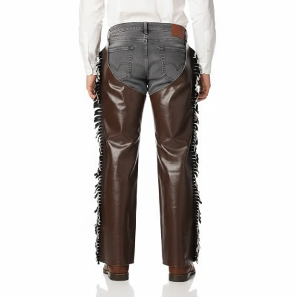 Male model wearing protective brown leather fringe chaps