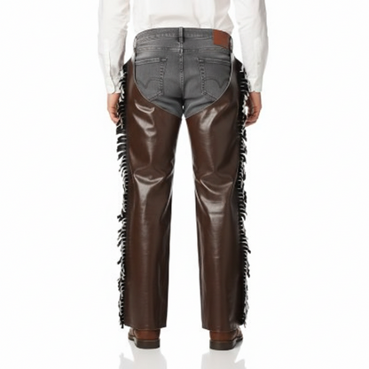 Male model wearing protective brown leather fringe chaps