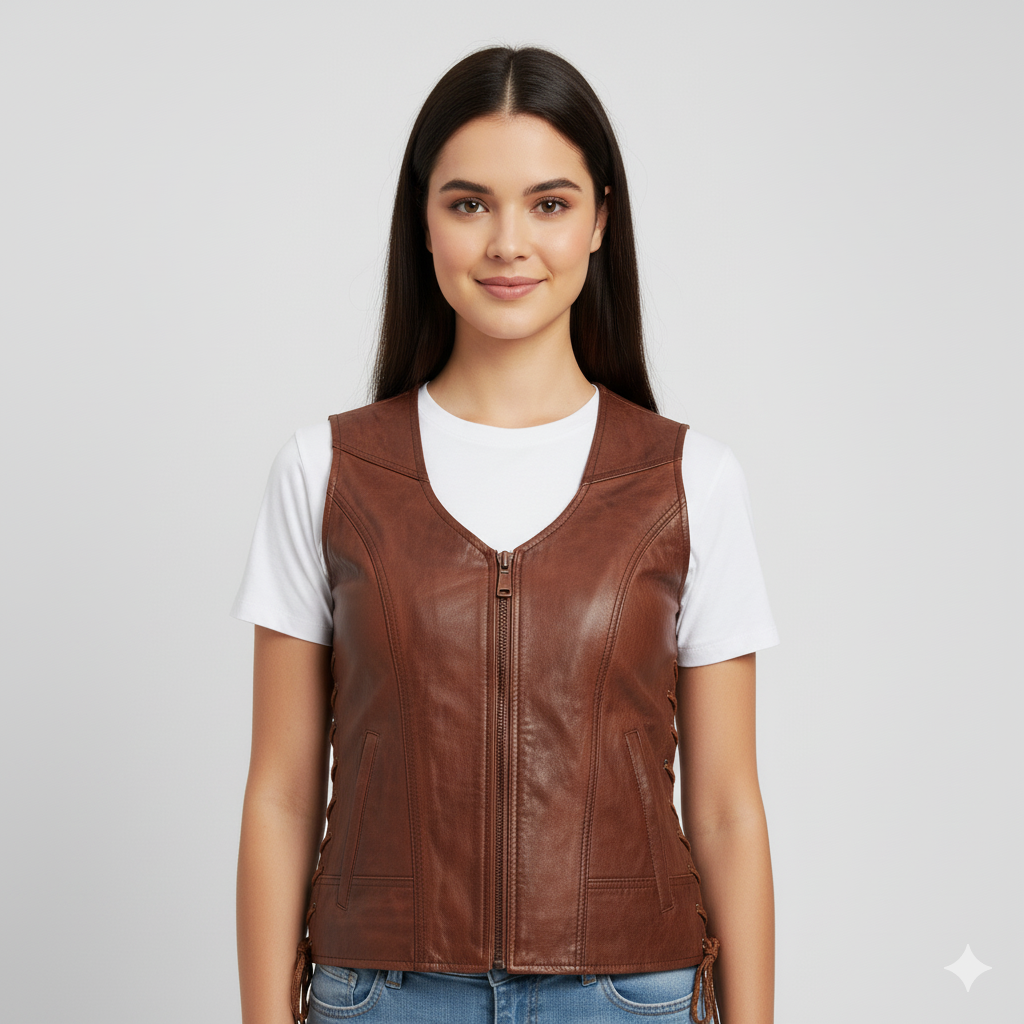 Woman wearing a fitted brown leather vest over a white t-shirt, light blue skinny jeans, and brown ankle boots.