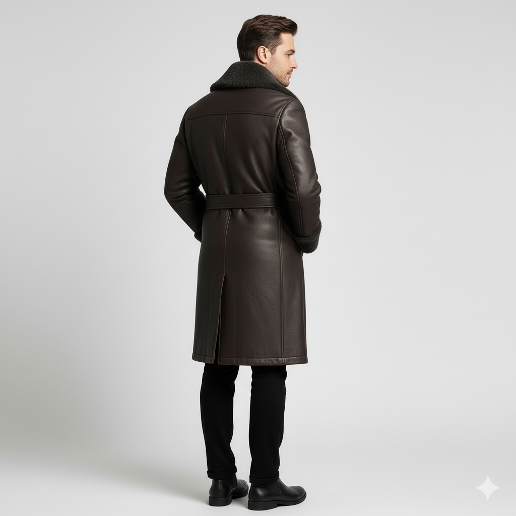 Male model wearing a luxury dark brown leather shearling coat