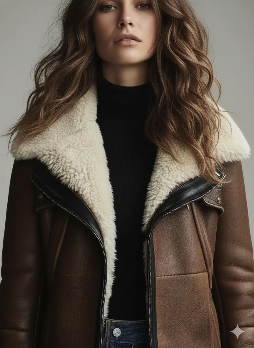 Mid-length aviator-style brown leather jacket for women featuring plush fur-trimmed cuffs and black leather piping.