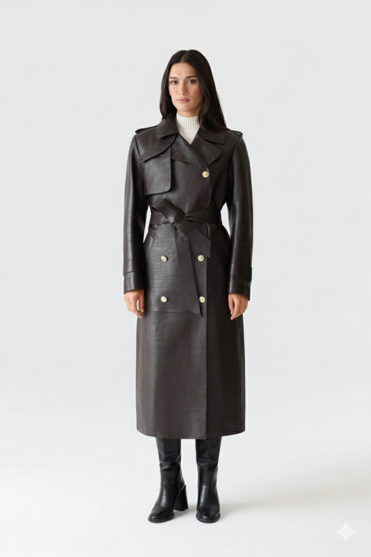 Women's dark brown leather trench coat with double-breasted buttons and a belted waist.