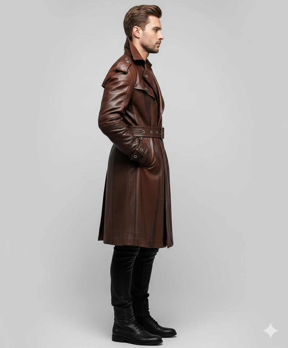 Male model wearing a luxury mahogany leather duster jacket