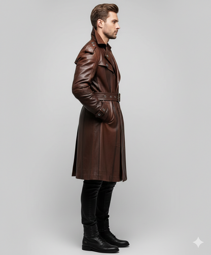 Male model wearing a luxury mahogany leather duster jacket