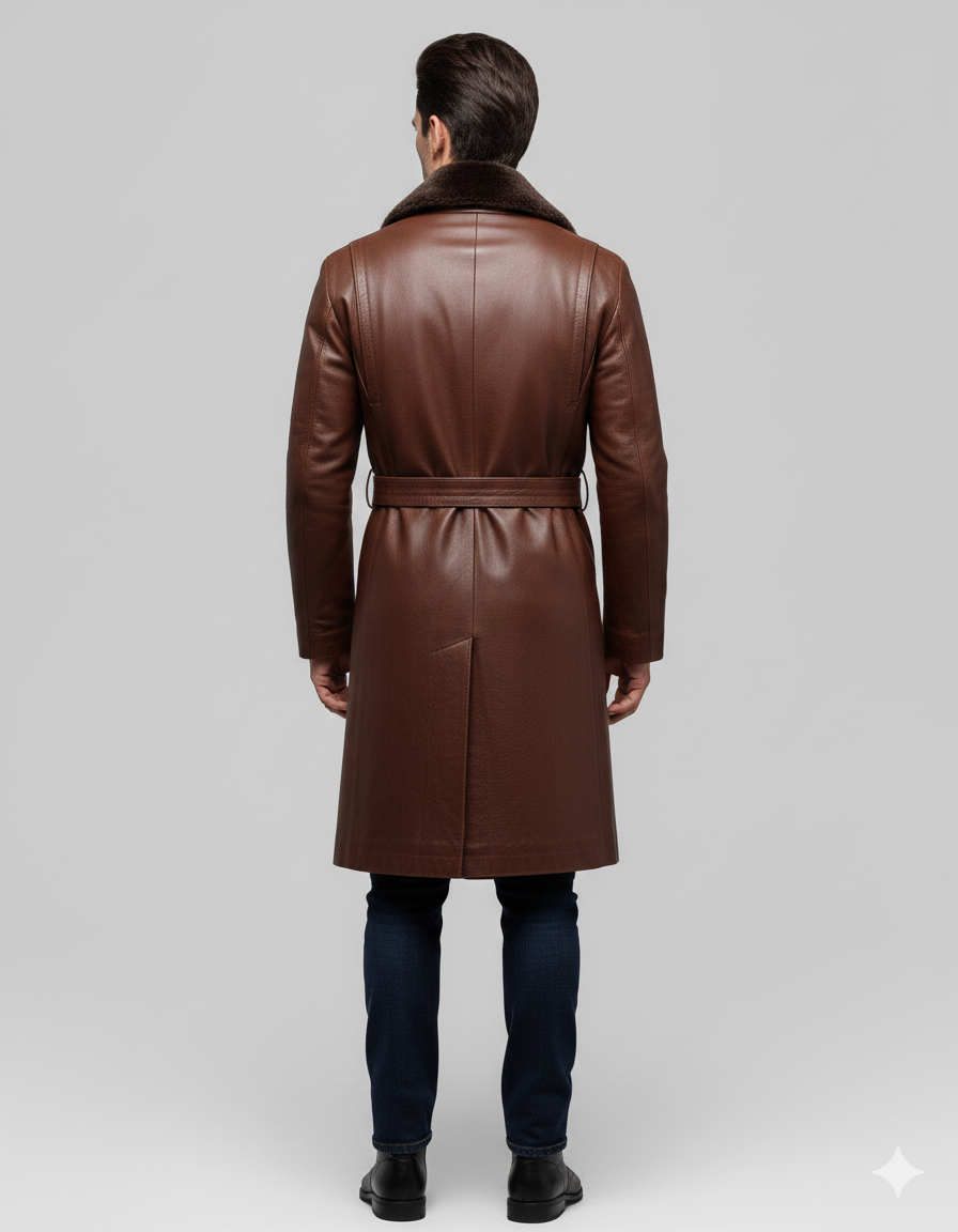 Close-up of the rich brown leather texture and dense dark fur collar on a premium men's coat.