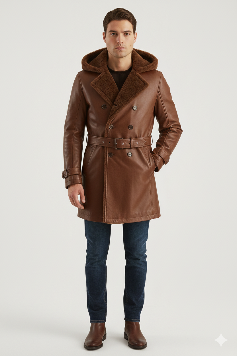 Men's cognac brown leather hooded trench coat with shearling lining and a belted waist.