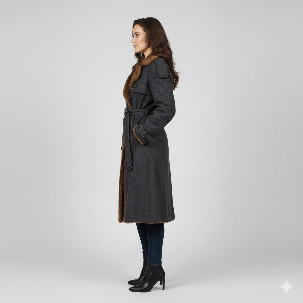 Model wearing a sophisticated charcoal grey shearling-lined trench coat.