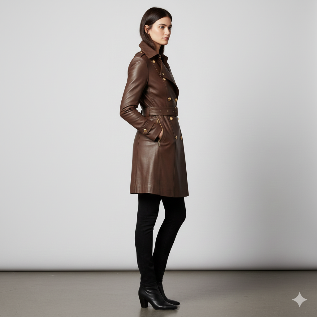 Model wearing a sophisticated brown leather belted trench Coat.