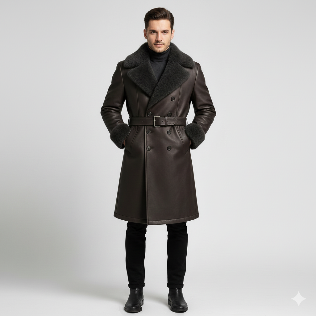Men's espresso brown leather trench coat with a thick charcoal shearling lining and a belted waist.