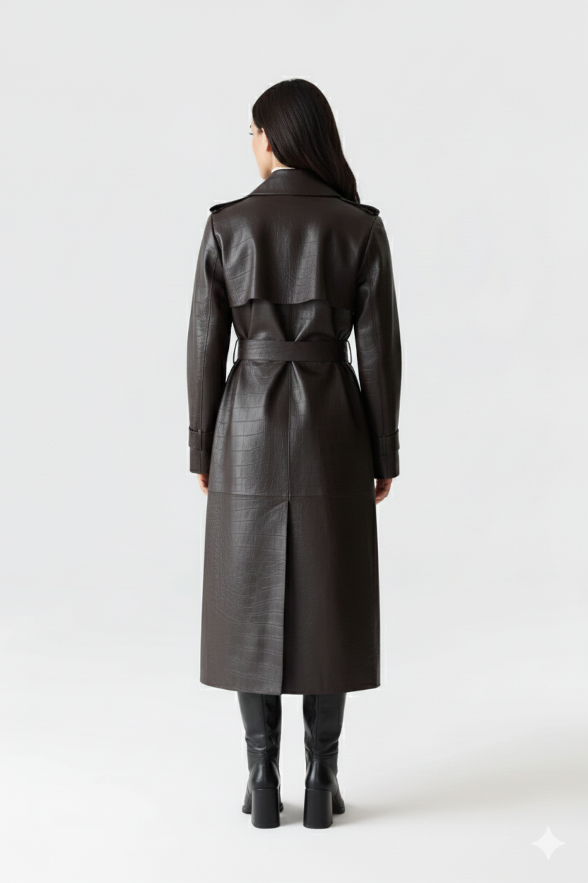 Close-up of the smooth, rich brown faux leather texture and tonal button details on a women's trench coat.