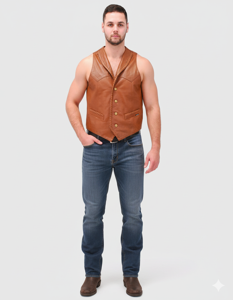 Full-length photo of a man in a tan leather vest with a braided collar, worn over a black shirt and blue jeans.