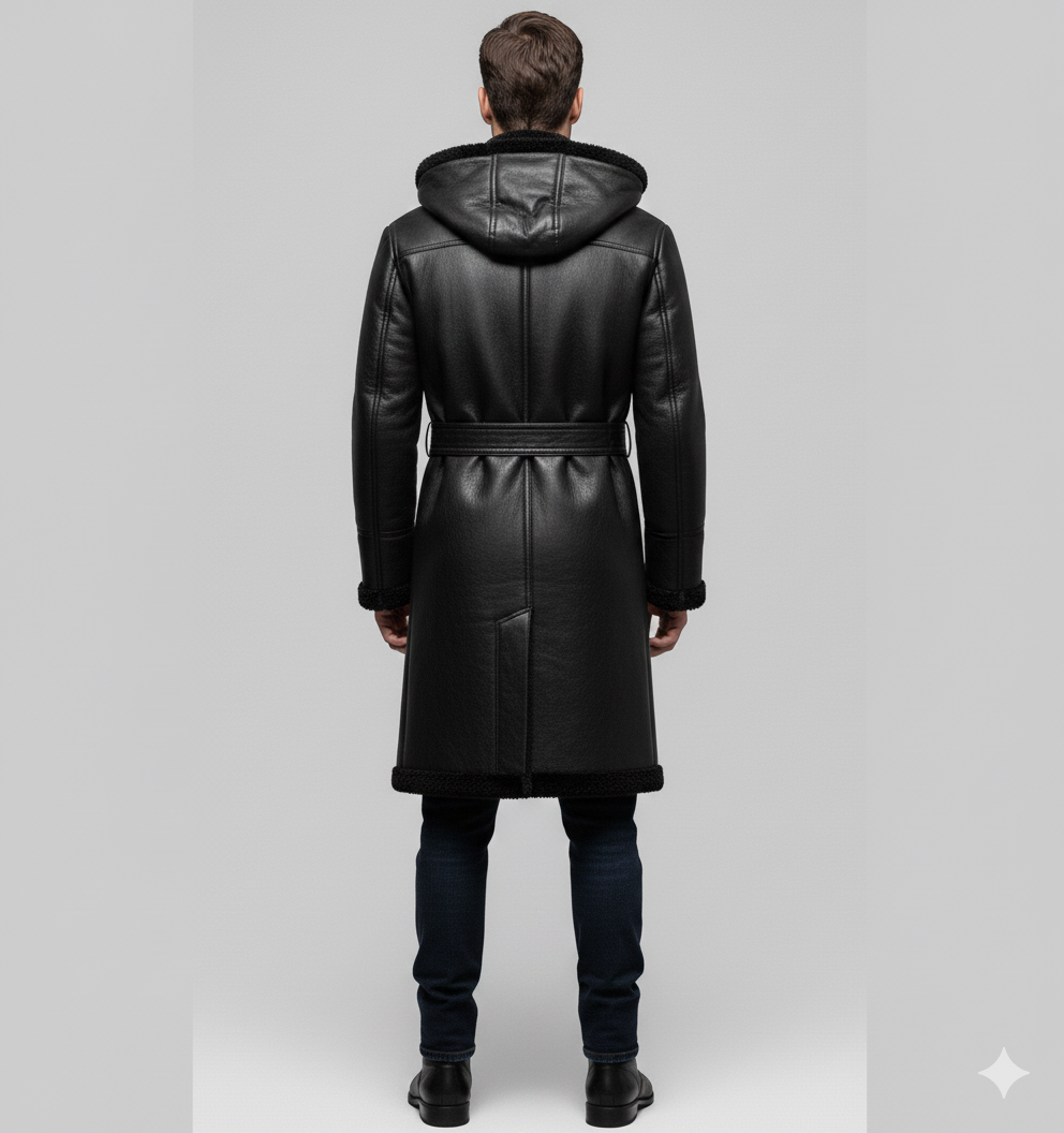 Close-up of the smooth black leather finish and coordinating black fur notched lapels on a premium men's winter trench.