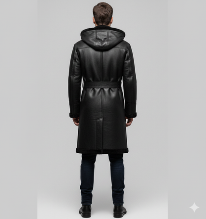 Close-up of the smooth black leather finish and coordinating black fur notched lapels on a premium men's winter trench.