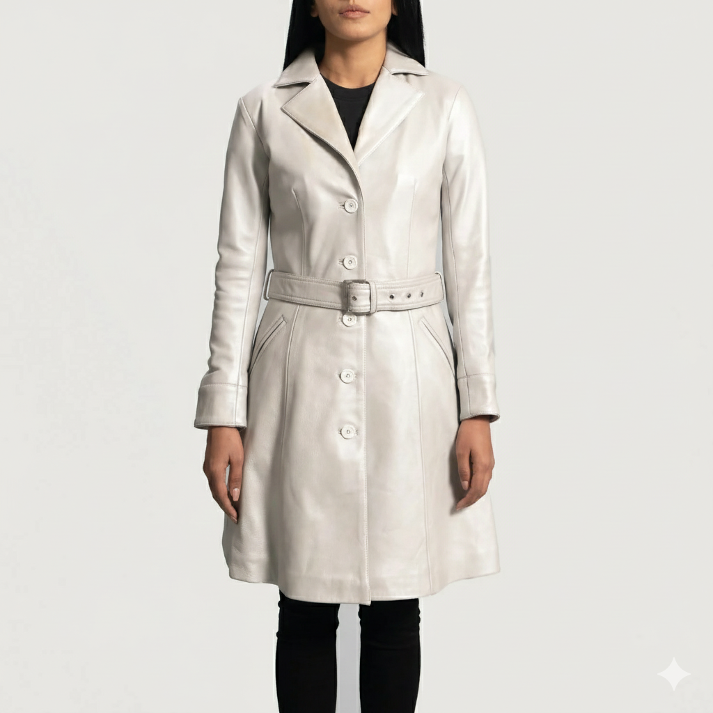 Women's off-white leather trench coat with a belted waist and notched lapel collar.