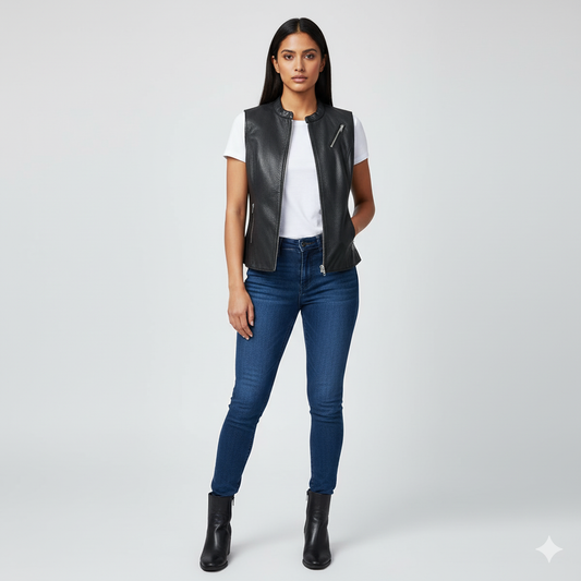 Full-length photo of a woman wearing a tailored black leather vest over a simple white t-shirt and dark blue skinny jeans.