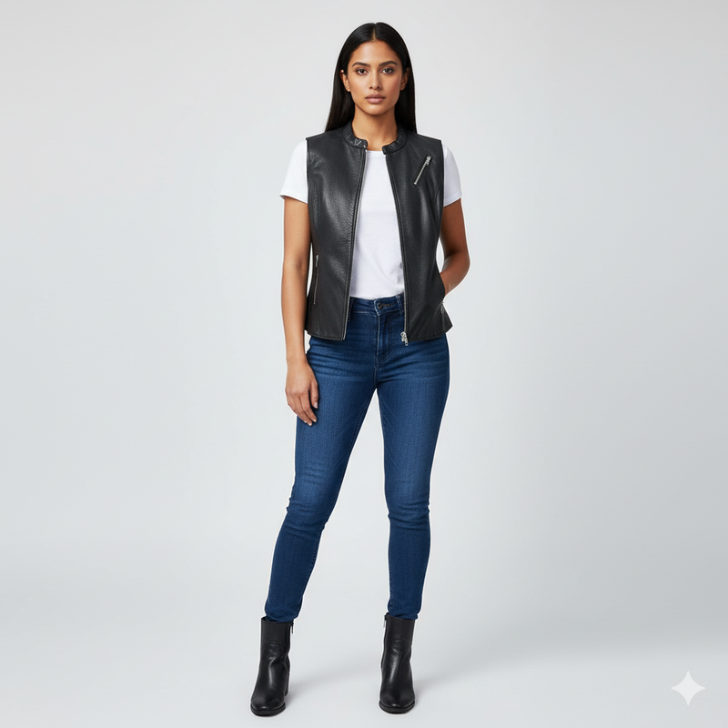 Full-length photo of a woman wearing a tailored black leather vest over a simple white t-shirt and dark blue skinny jeans.