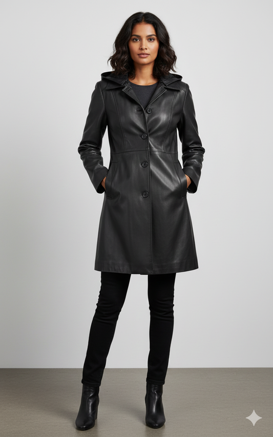 Women's black hooded leather coat with a single-breasted button front and tailored fit.