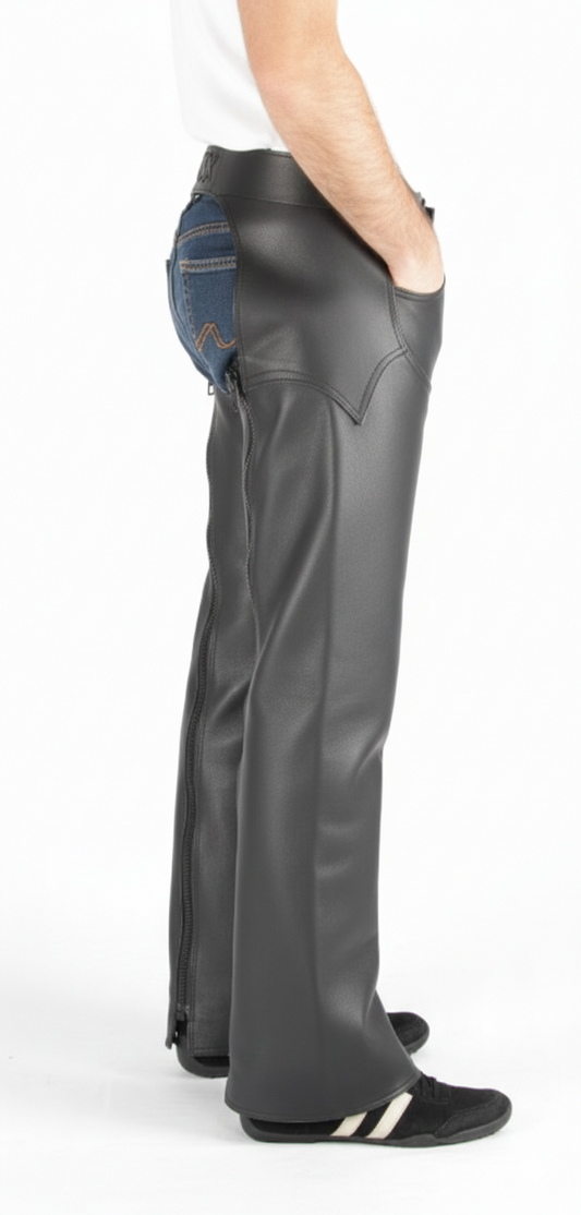 Close-up of the diamond-quilted leather yoke and polished metallic buckle on professional black riding overpants.