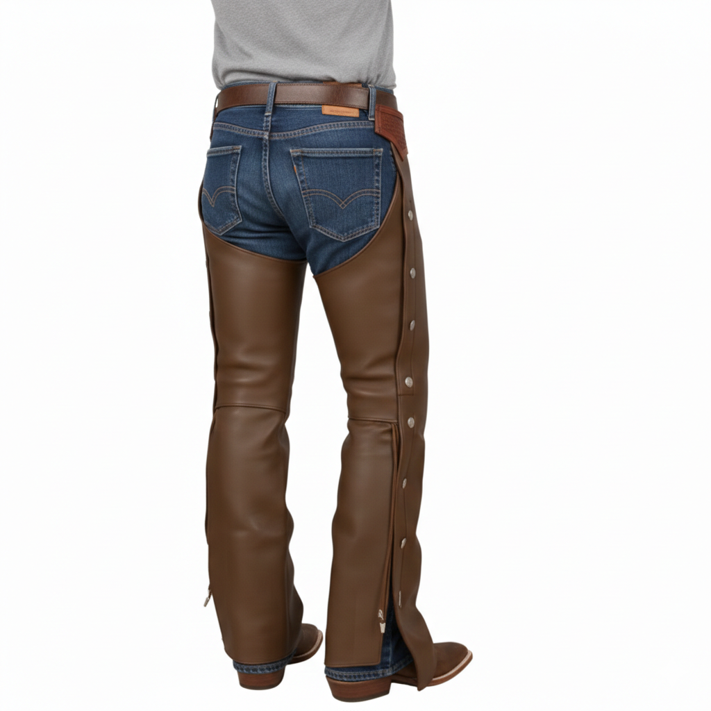 Front view of protective brown leather chaps worn over blue jeans with a classic western trophy buckle.